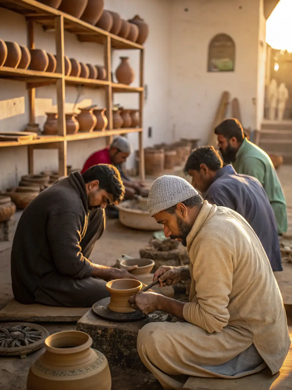 A photograph capturing a group of participants actively engaged in a terracotta workshop at ASLR ATELIER CAMPO, focusing on the hands-on learning experience and the creation of unique art pieces.