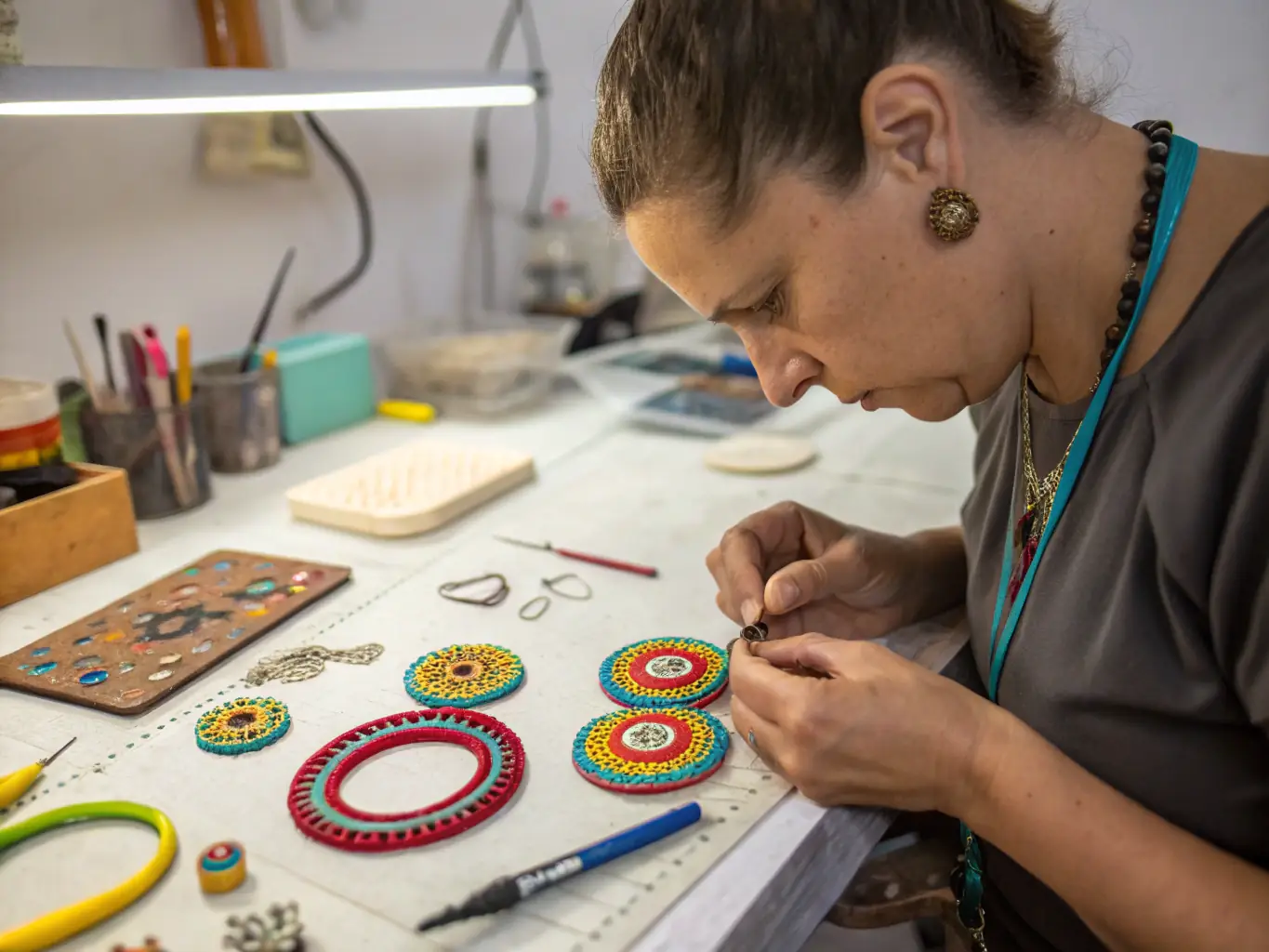 A skilled artisan carefully restores a historic terracotta mold in a workshop setting, showcasing the meticulous process of preserving traditional molds.