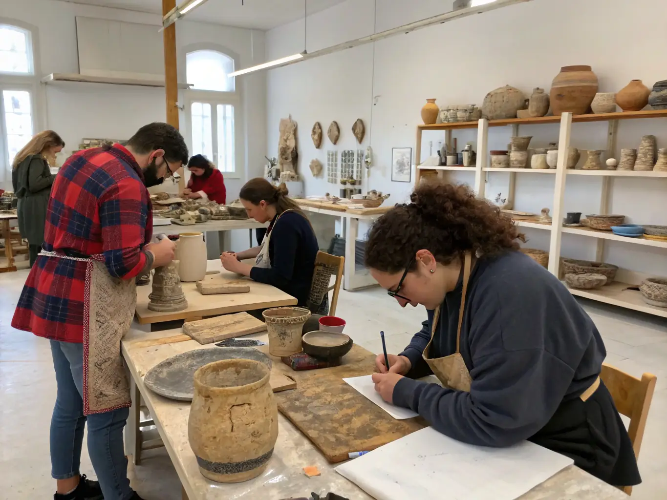 A group of participants actively engaged in a terracotta workshop, learning traditional techniques from a master artisan.