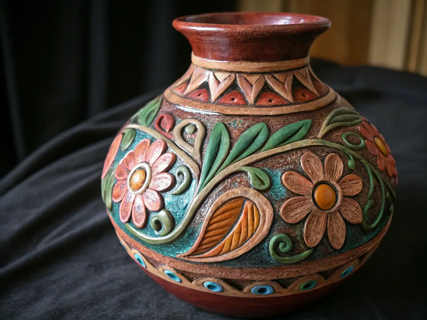 A beautifully crafted terracotta artwork on display in a gallery, highlighting the artistic creations resulting from the organization's efforts.